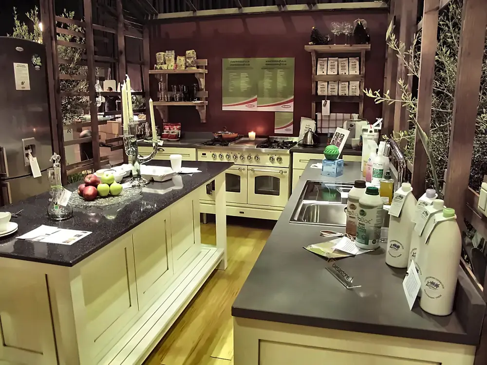 Sustainable kitchen exhibit with eco household products
